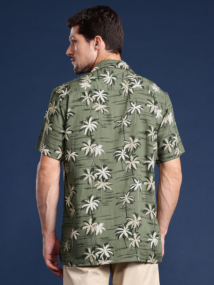 Men Olive-Beige Printed Viscose Rayon Relaxed Fit Casual Shirt