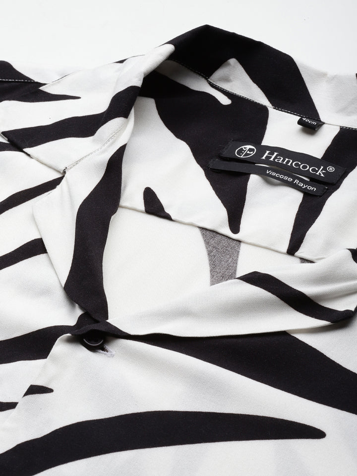 Men White-Black Printed Viscose Rayon Relaxed Fit Casual Co-Ord