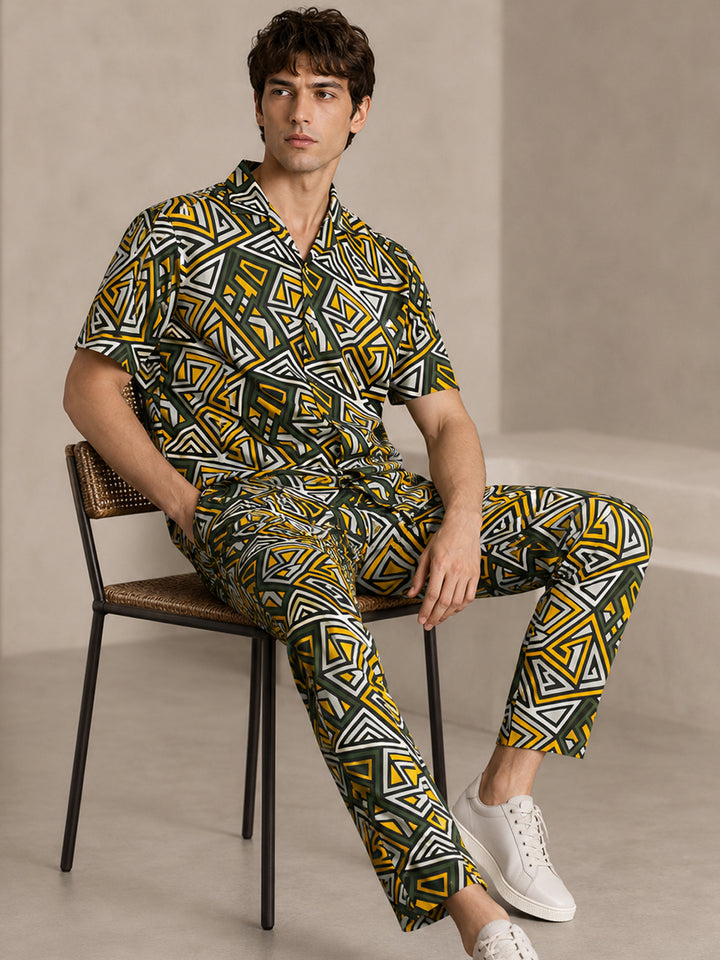 Men Green-Yelllow Printed Viscose Rayon Relaxed Fit Casual Co-Ord