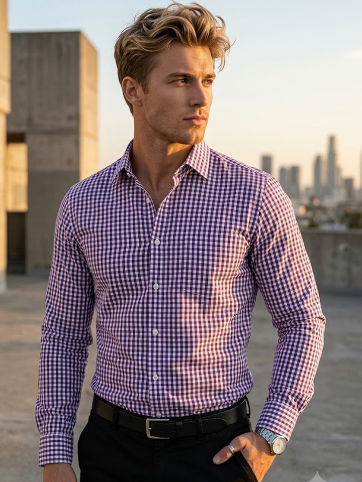 Men Purple Check Pure Cotton Slim Fit Formal Shirt