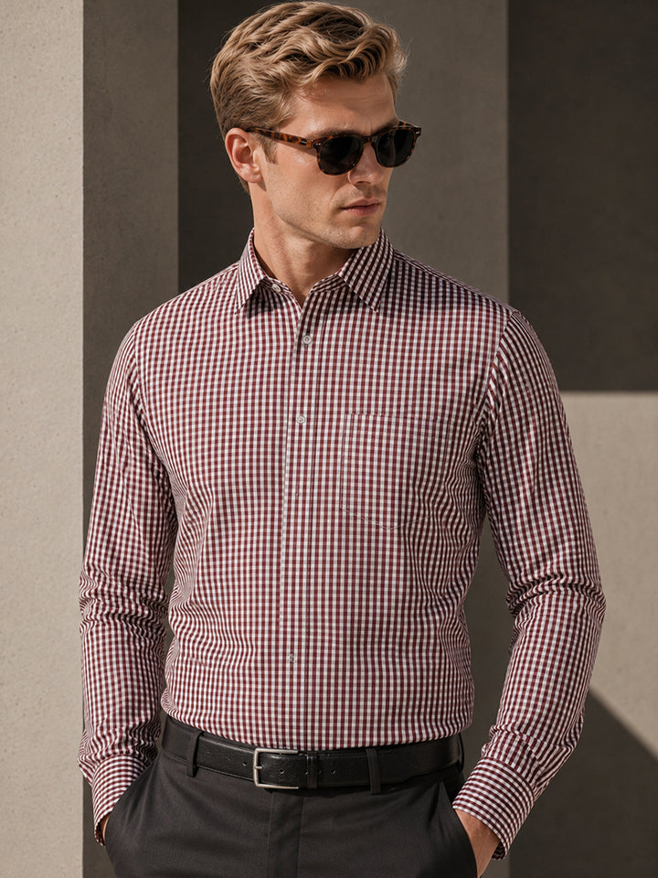 Men Maroon Check Pure Cotton Slim Fit Formal Shirt