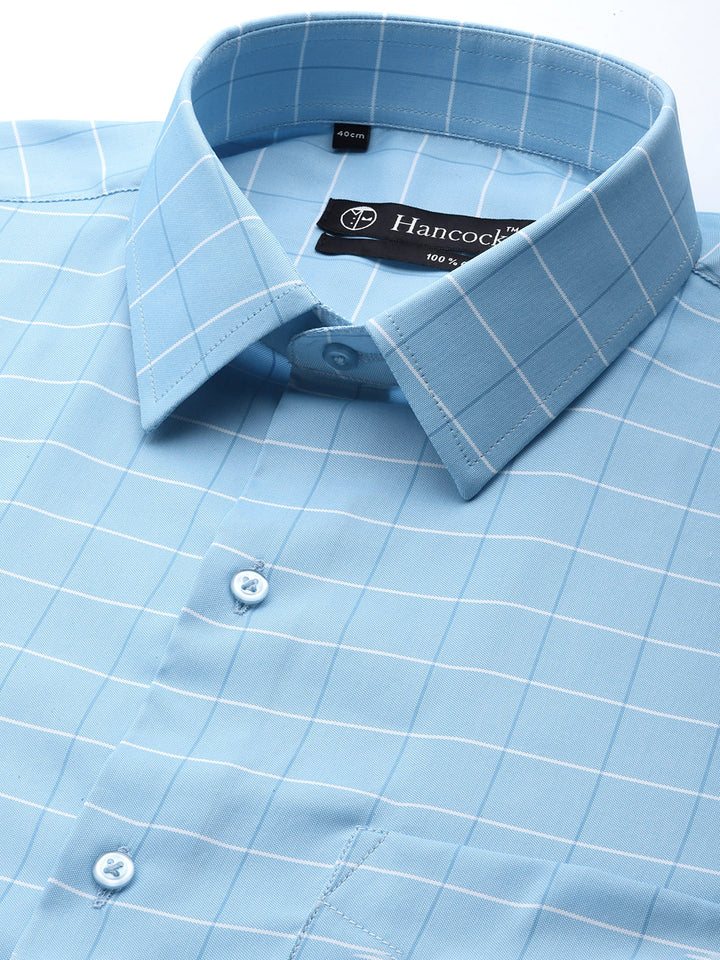 Men Sky Blue Checks Pure Cotton Slim fit Formal Shirt