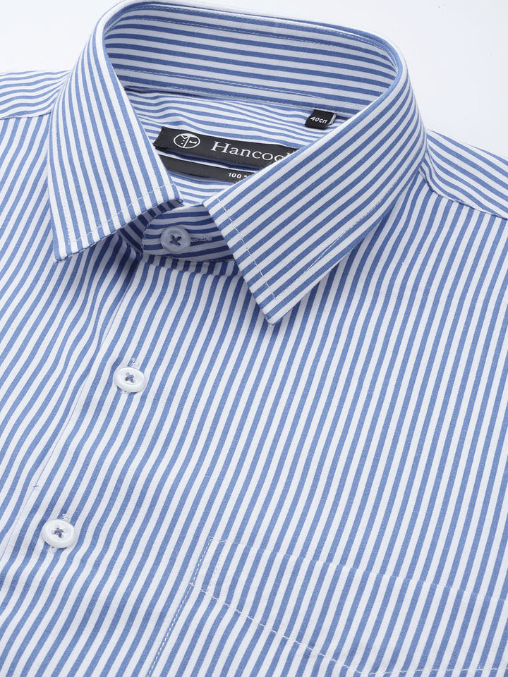 Men Blue & White Stripes Pure Cotton Slim fit Formal Shirt