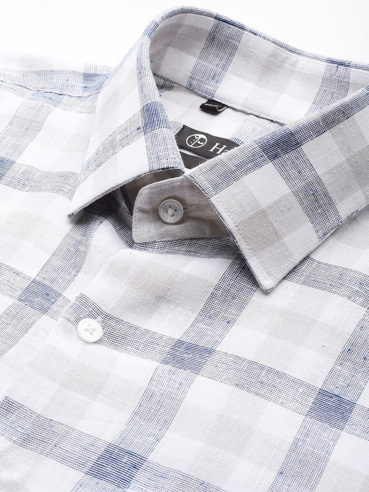 Men White & Grey Checked Pure Linen Cotton Slim Fit Formal Shirt