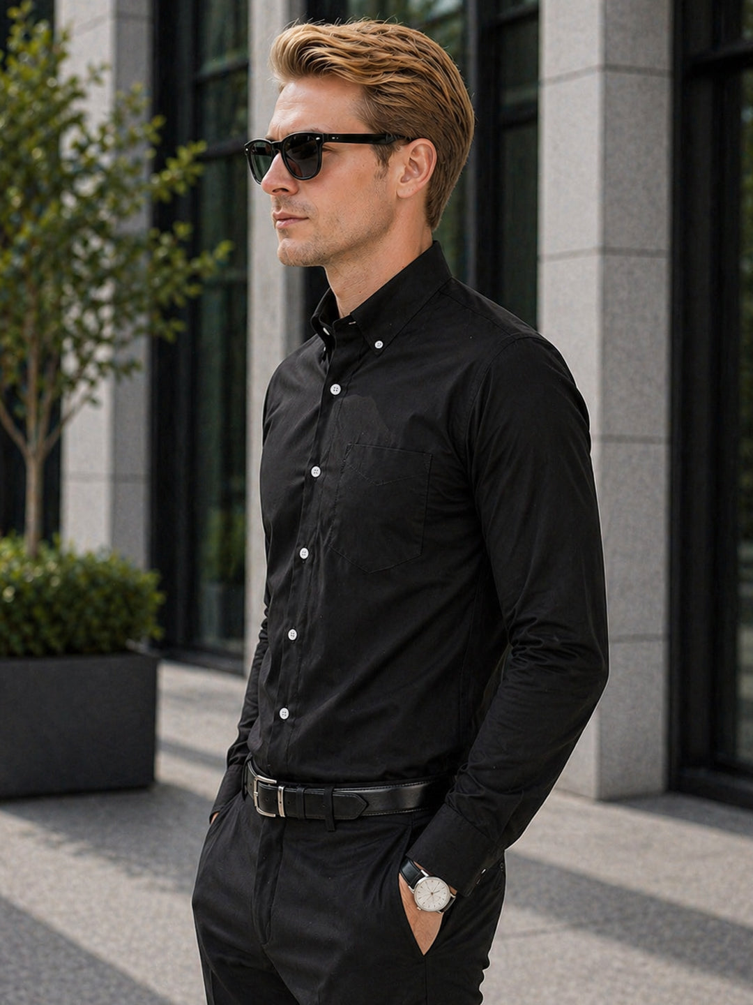 Hancock   Men   Black   Solids   Pure Cotton   Slim Fit   Formal   Shirt