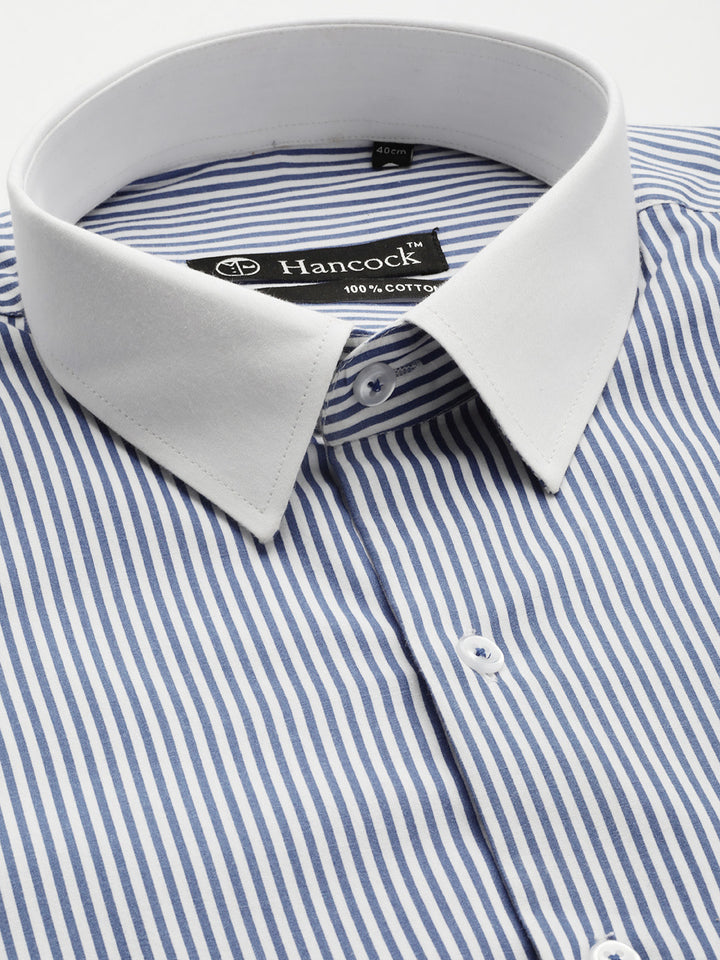 Men White & Blue Stripes Pure Cotton Slim fit Formal Shirt