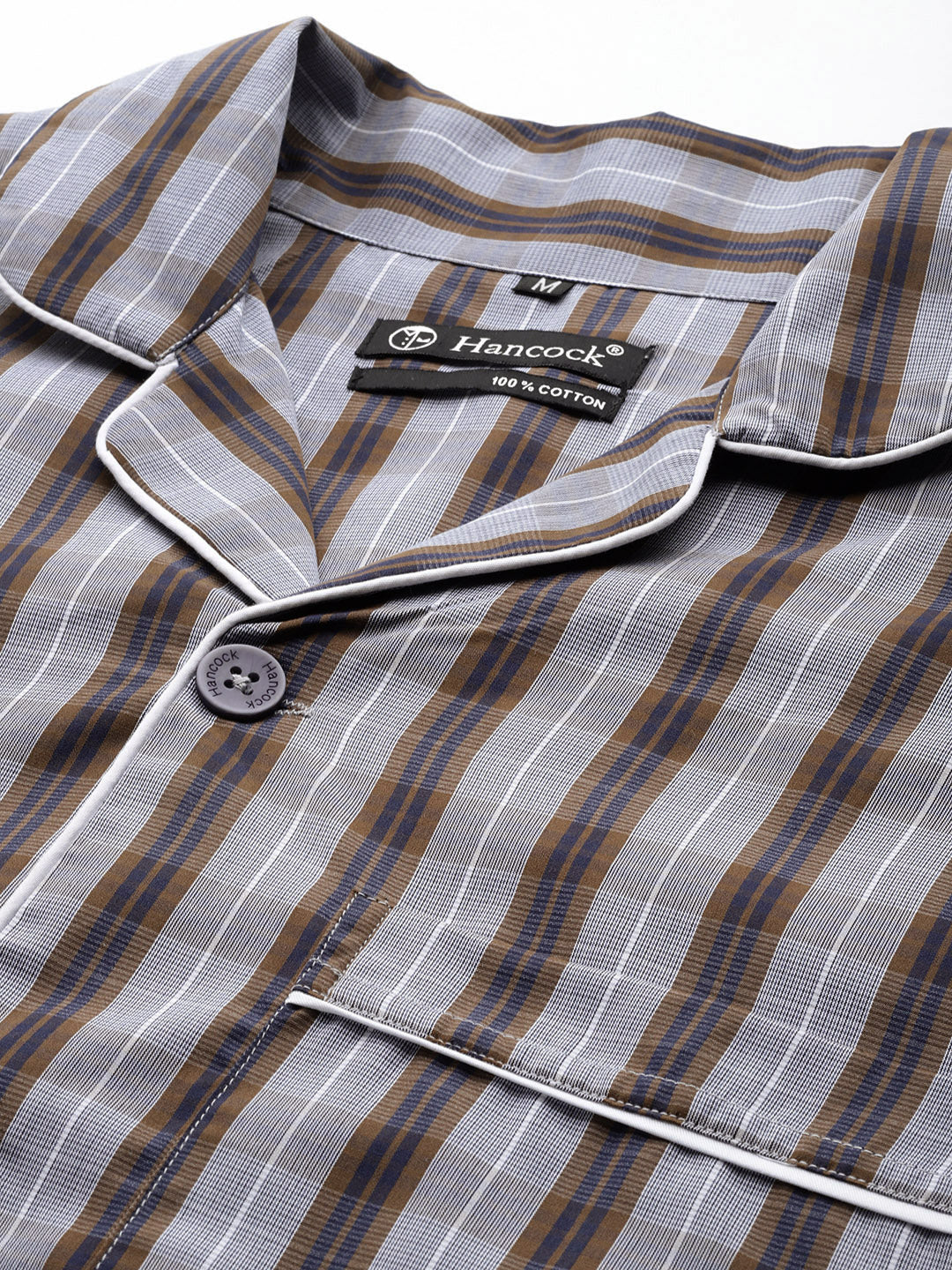 Men Grey & Brown Checked Pure Cotton Relaxed Fit Night Suit