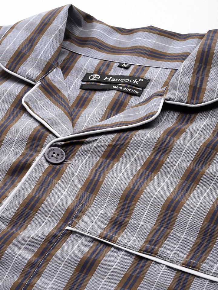Men Grey & Brown Checked Pure Cotton Relaxed Fit Night Suit