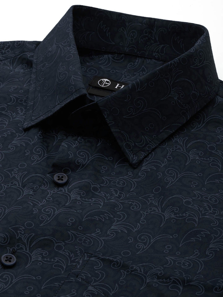 Men Navy Print Pure Cotton Slim fit Party Shirt