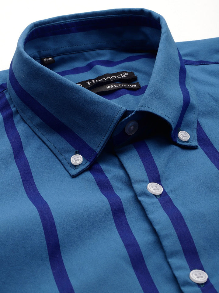 Men Blue Striped Pure Cotton Slim Fit Formal Shirt