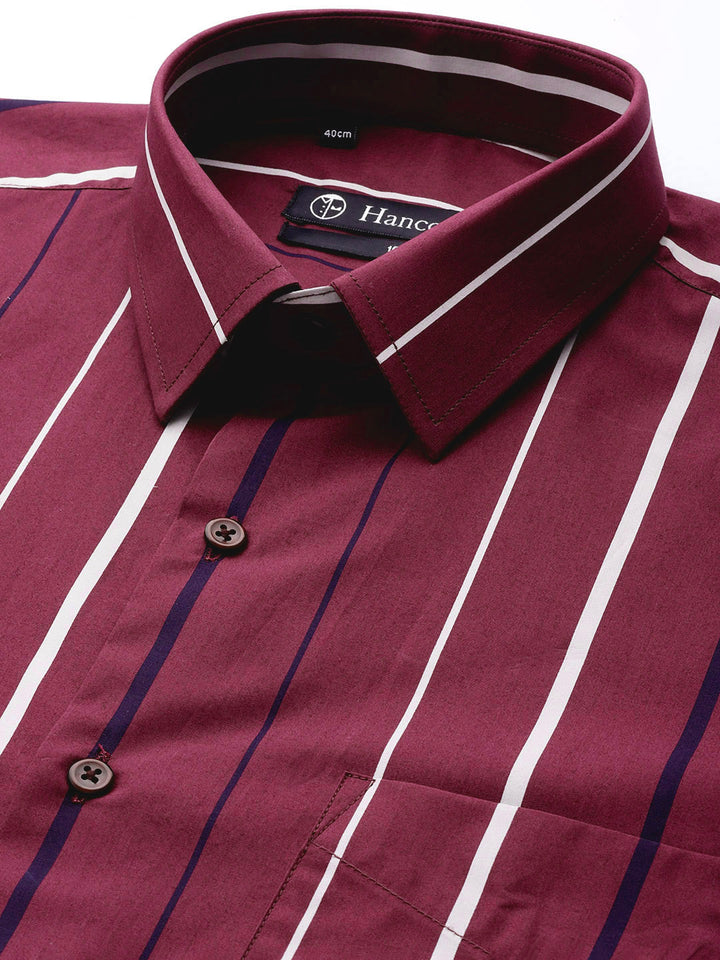 Men Burgundy Stripes Pure Cotton Slim fit Formal Shirt