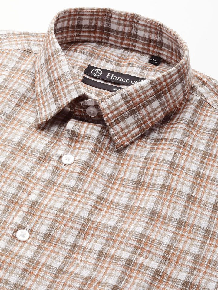 Men White & Brown Checks Cotton Rich Slim fit Formal Shirt