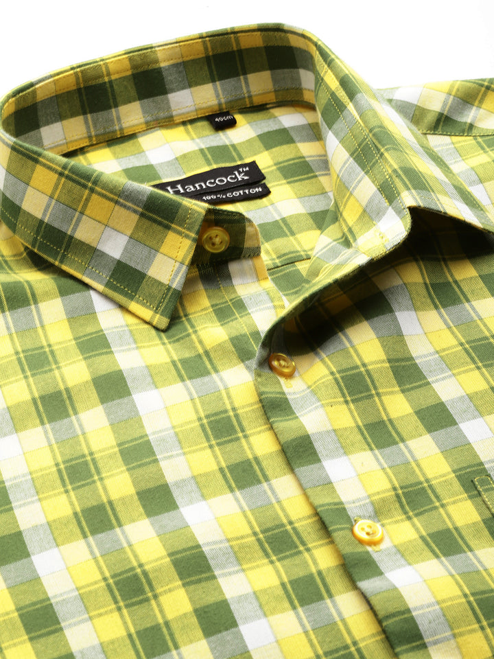 Men Yellow & Green Checks Pure Cotton Slim fit Casual Shirt