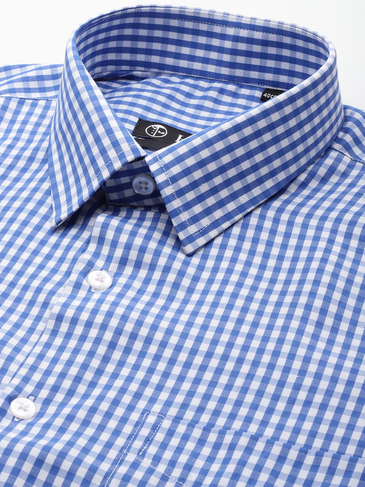 Men Blue & White Gingham Check Short Sleeve Slim fit Formal Shirt