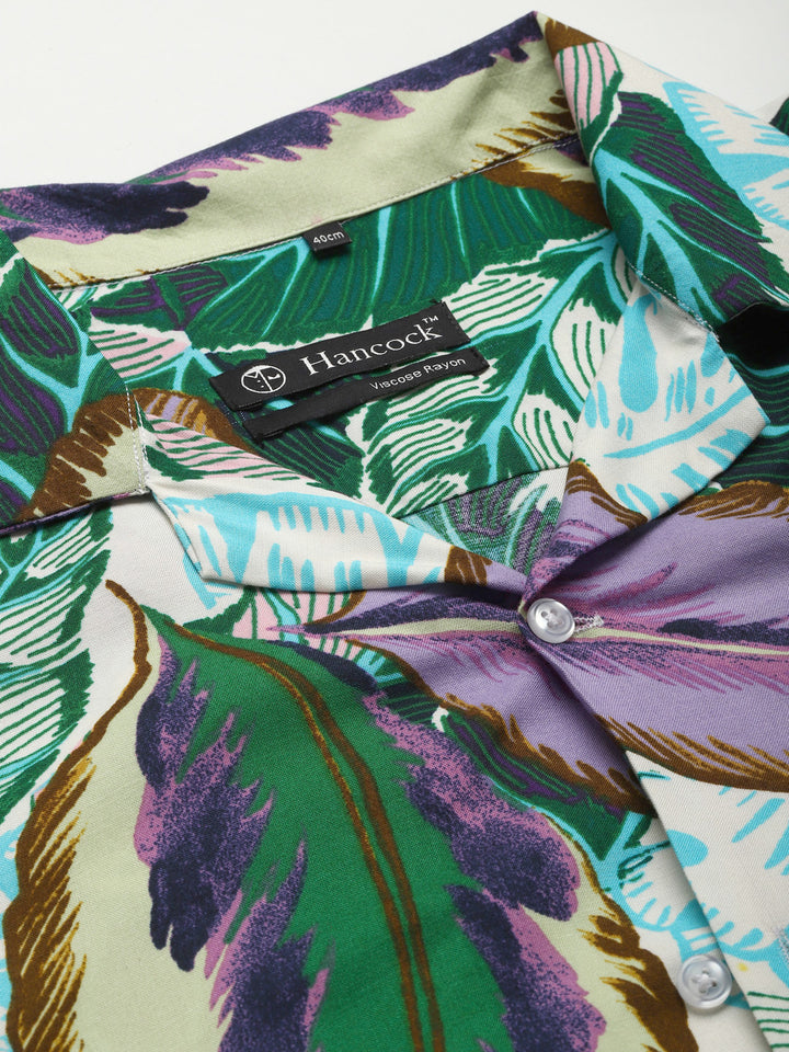 Men Green & Purple Print Viscose Rayon Relaxed Fit Casual Resort Shirt