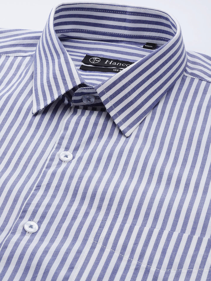 Men Blue  & White Stripes Pure Cotton Regular Fit Formal Shirt