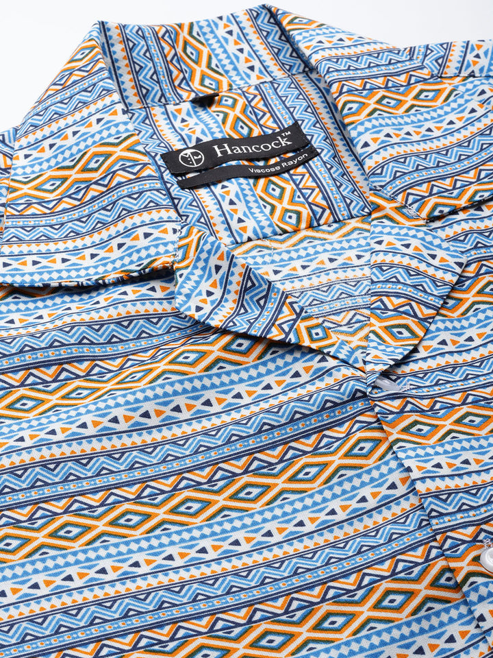 Men Blue & Orange Print Viscose Rayon Relaxed Fit Casual Resort Shirt