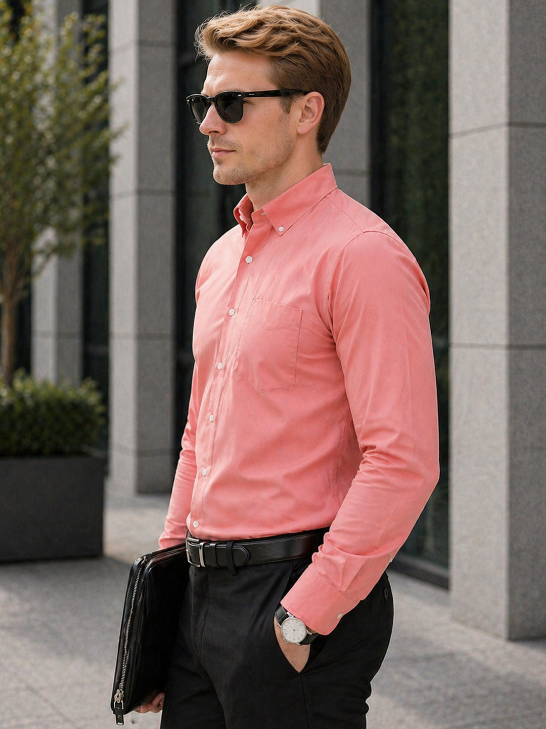 Hancock   Men   Coral Pink   Solids   Pure Cotton   Slim Fit   Formal   Shirt