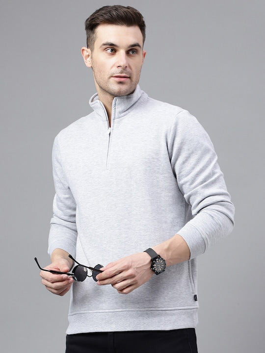 Men Melange Grey Solid Half Zipper Long Sleeves Fleece Sweatshirt