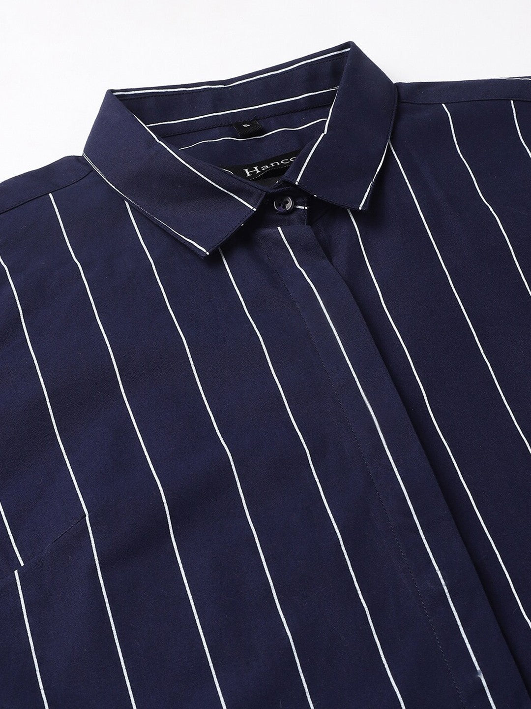 Women Navy Blue Stripes Pure Cotton Plus Size Formal Shirt