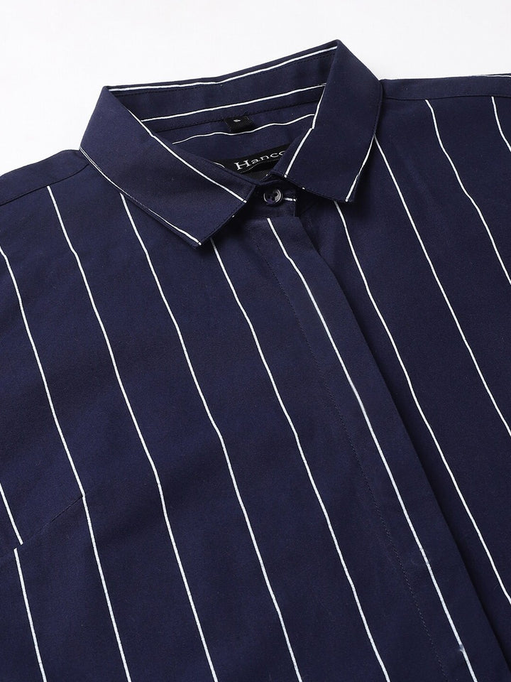 Women Navy Blue Stripes Pure Cotton Plus Size Formal Shirt