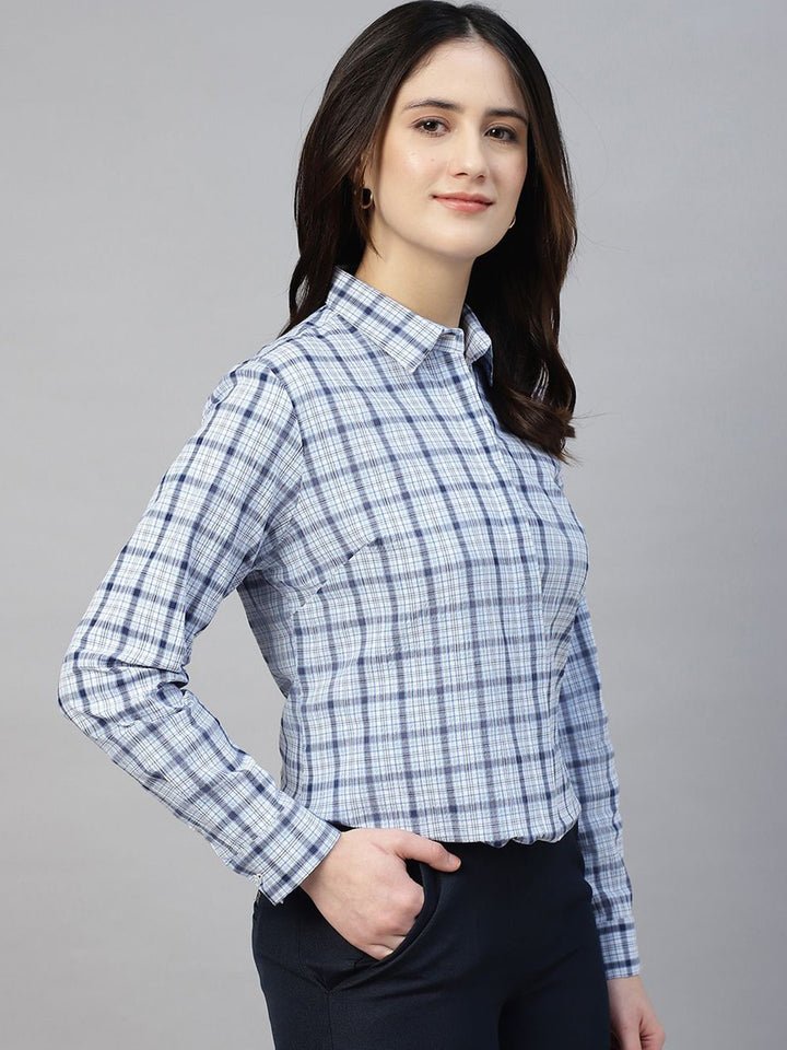 Hancock Women Blue Check Pure Cotton Regular Fit Formal Shirt