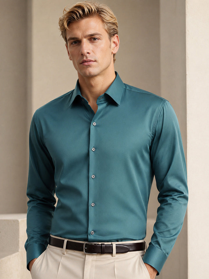 Men Turquoise Solid Cotton Elastane Blend Slim Fit Formal Shirt
