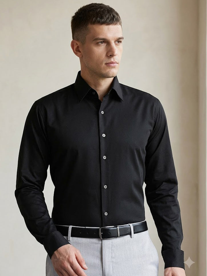 Men Black Solid Cotton Elastane Blend Slim Fit Formal Shirt