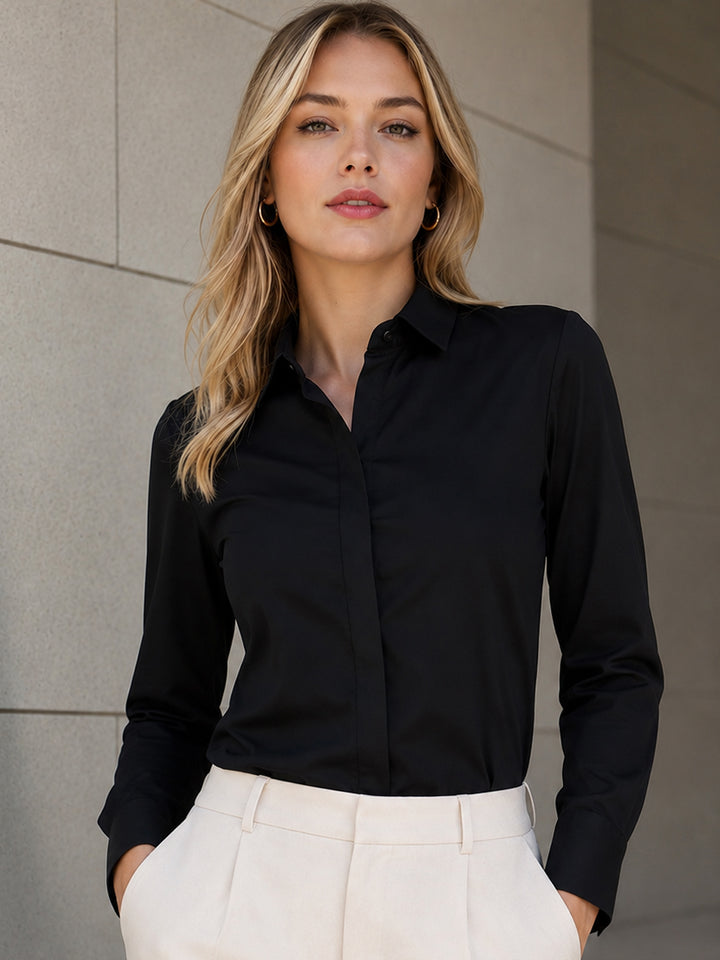 Women Black Solid Cotton Satin Stretchable Wrinkle Free Formal Shirt