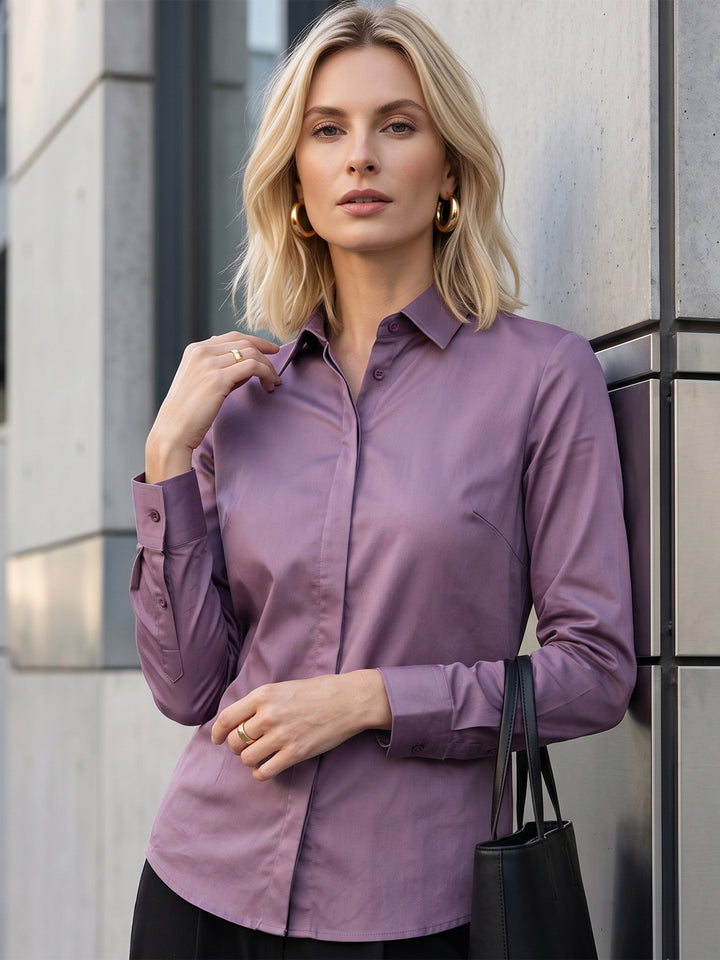 Women Purple Solid Cotton Satin Stretchable Wrinkle Free Formal Shirt