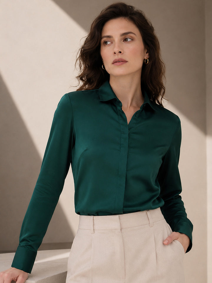 Women Green Solid Cotton Satin Stretchable Wrinkle Free Formal Shirt