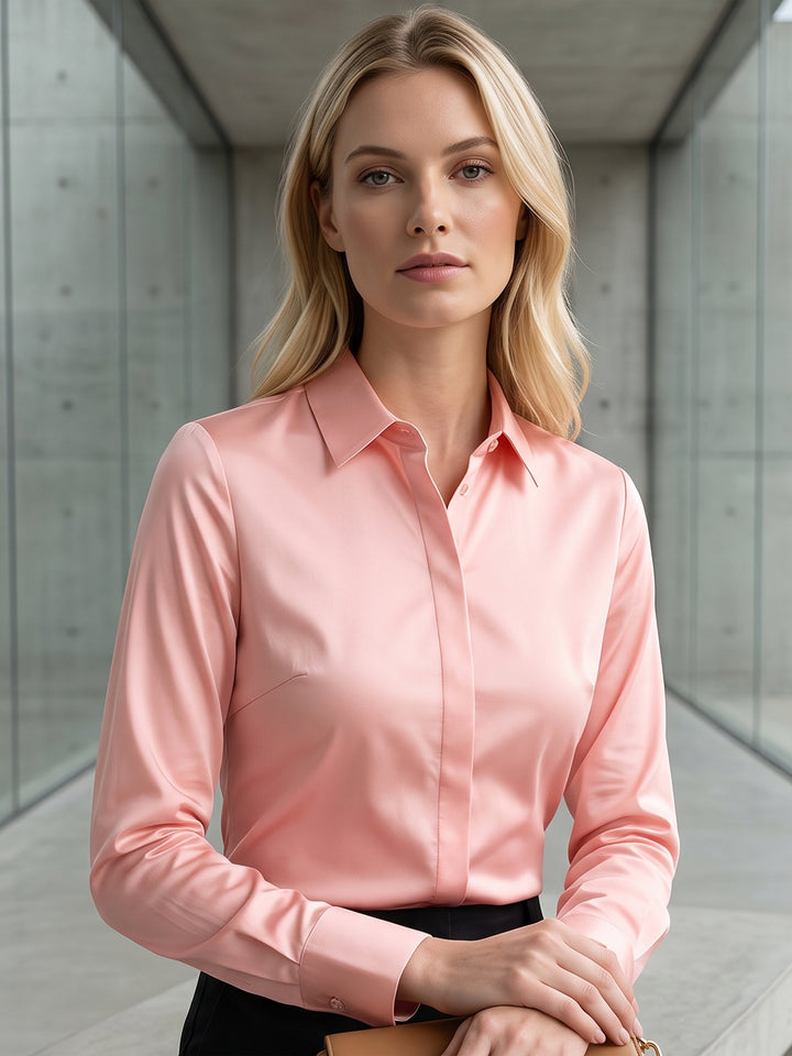 Women Peach Solid Cotton Satin Stretchable Wrinkle Free Formal Shirt