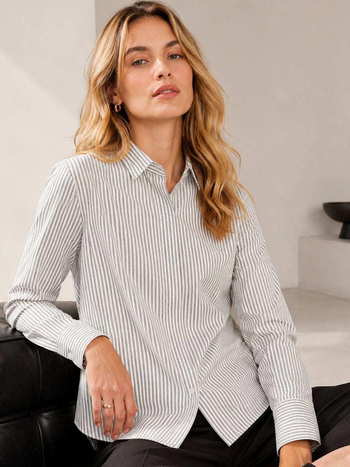 Women White & Grey Stripes Pure Cotton Boyfriend Fit Formal Shirt