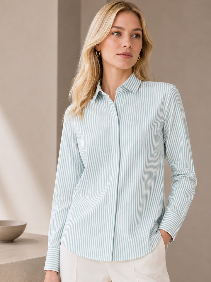 Women White & Green Stripes Pure Cotton Boyfriend Fit Formal Shirt