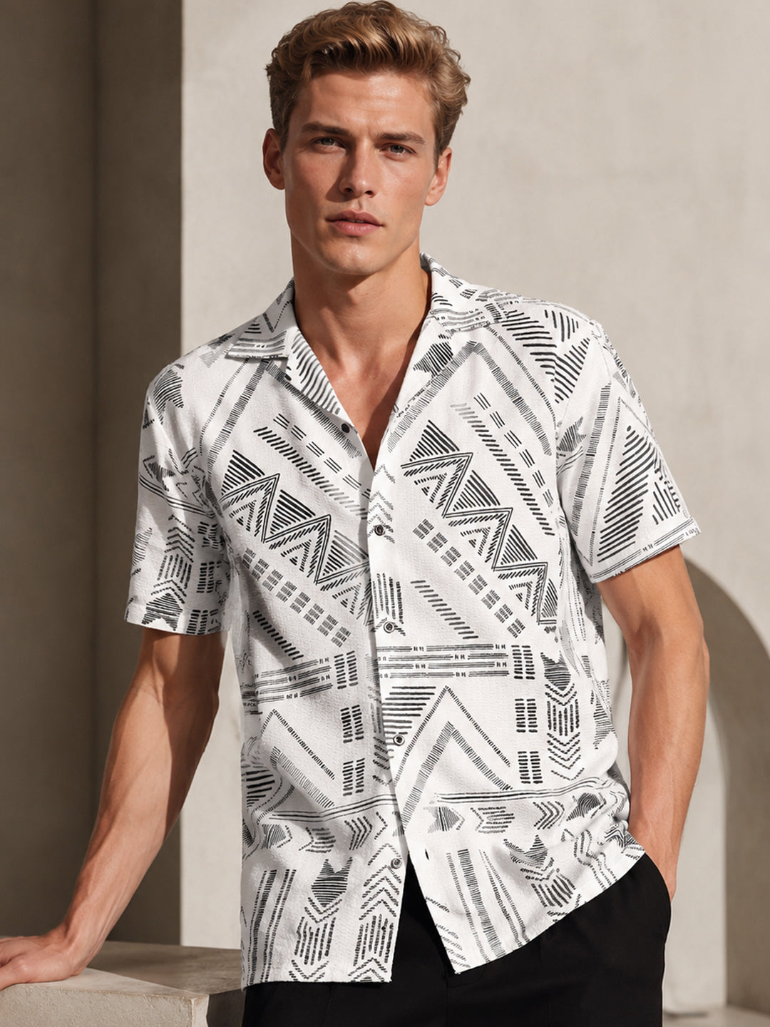 Men White Printed Cotton elastane Relaxed Fit Casual Shirt