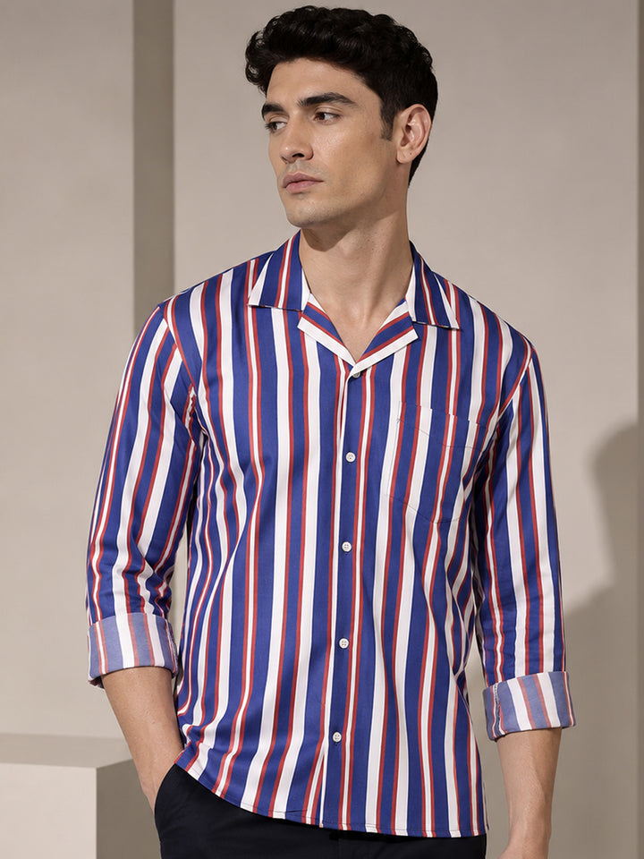 Men White Striped Pure Cotton Relaxed Fit Casual Shirt