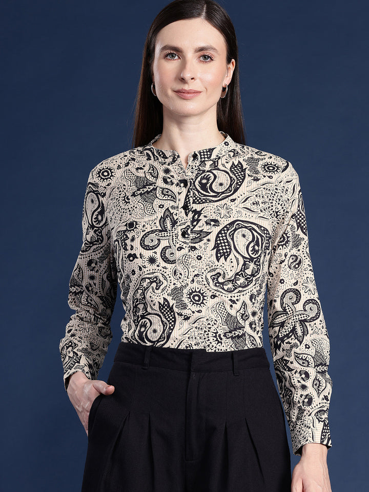 Women Beige-Black Printed Pure Cotton Regular Fit Formal Top