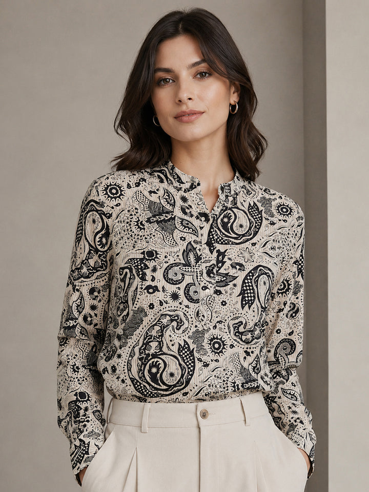 Women Beige-Black Printed Pure Cotton Regular Fit Formal Top