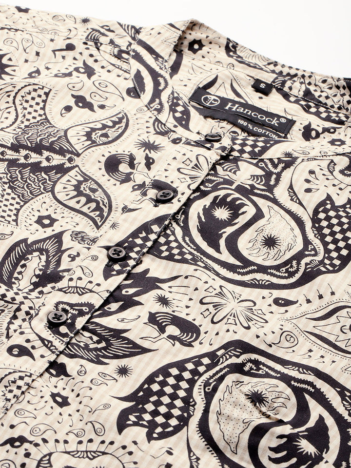 Women Beige-Black Printed Pure Cotton Regular Fit Formal Top
