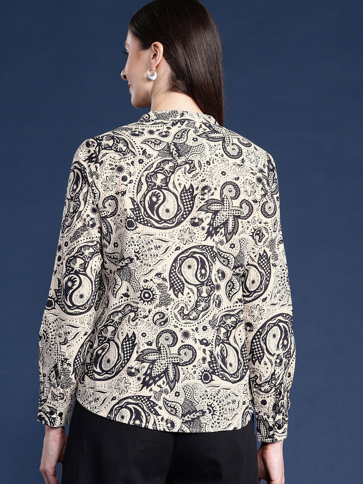 Women Beige-Black Printed Pure Cotton Regular Fit Formal Top