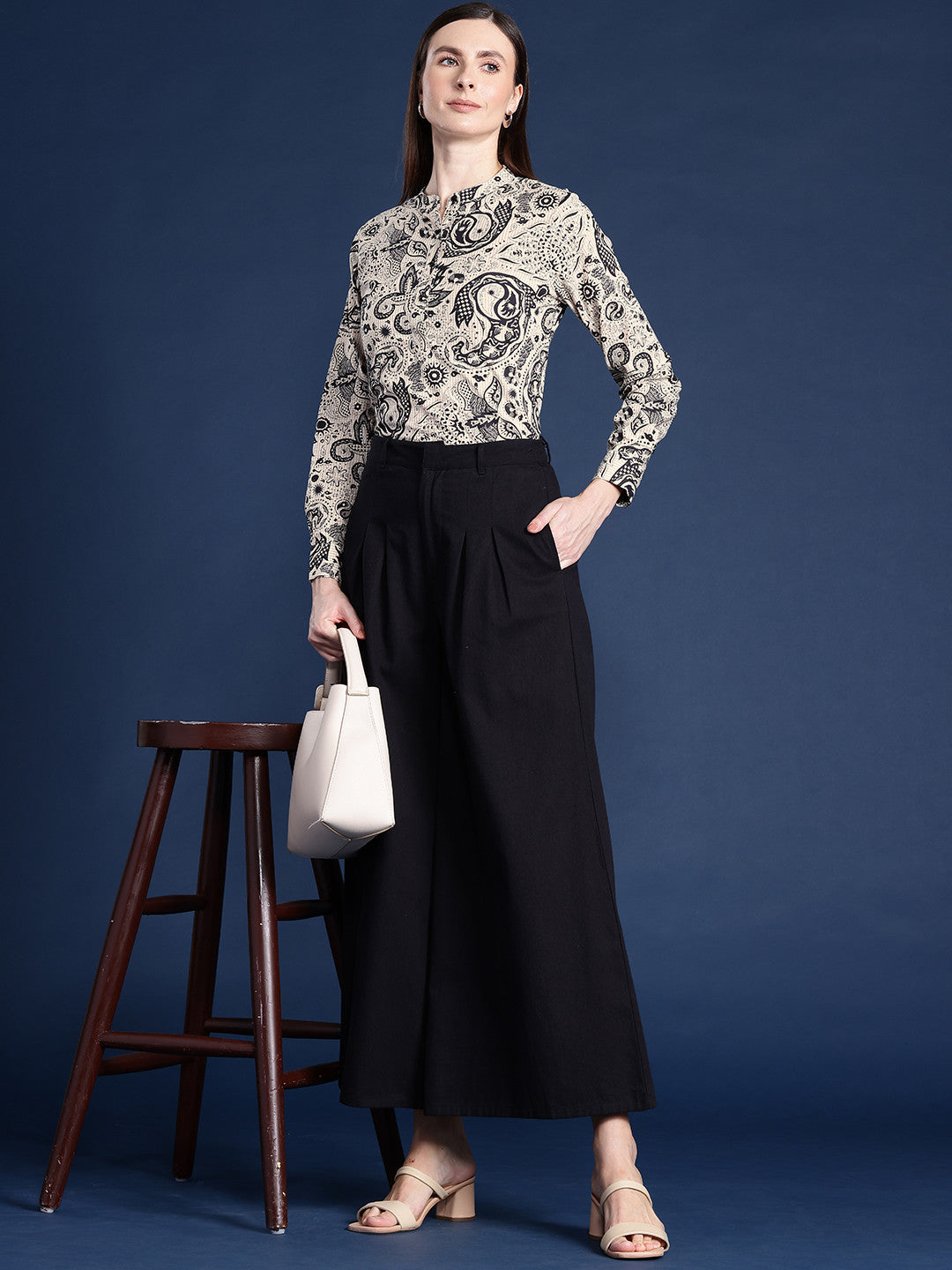Women Beige-Black Printed Pure Cotton Regular Fit Formal Top
