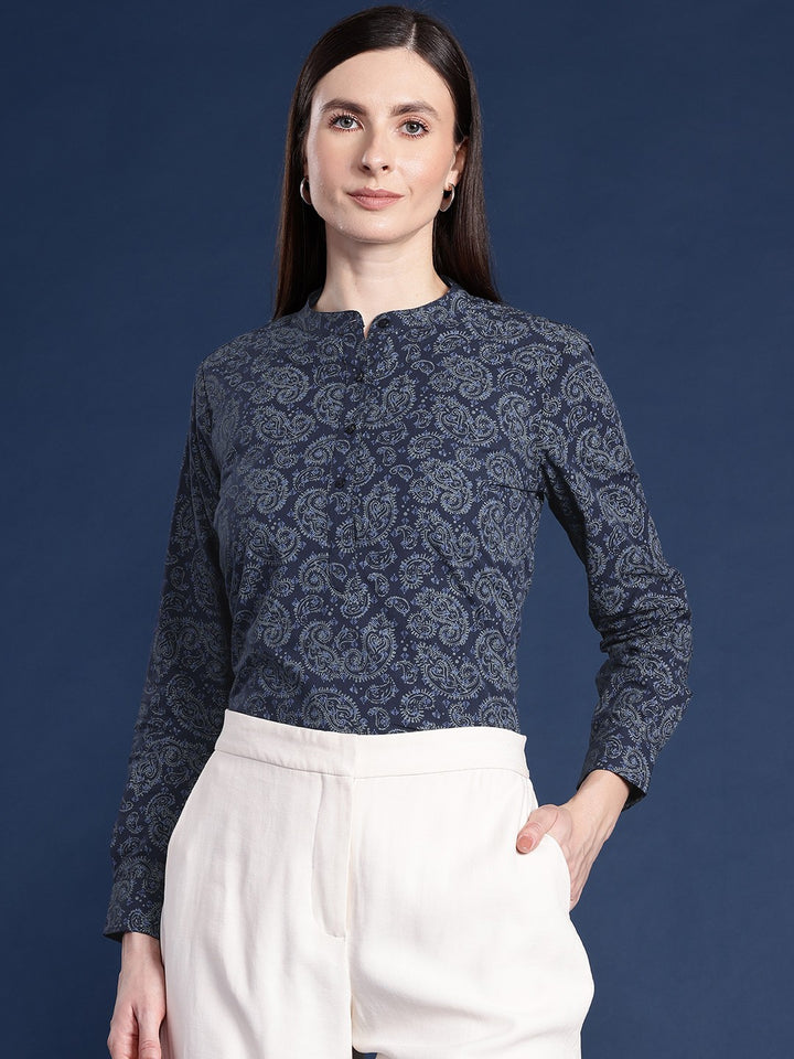 Women Navy Printed Pure Cotton Regular Fit Formal Top