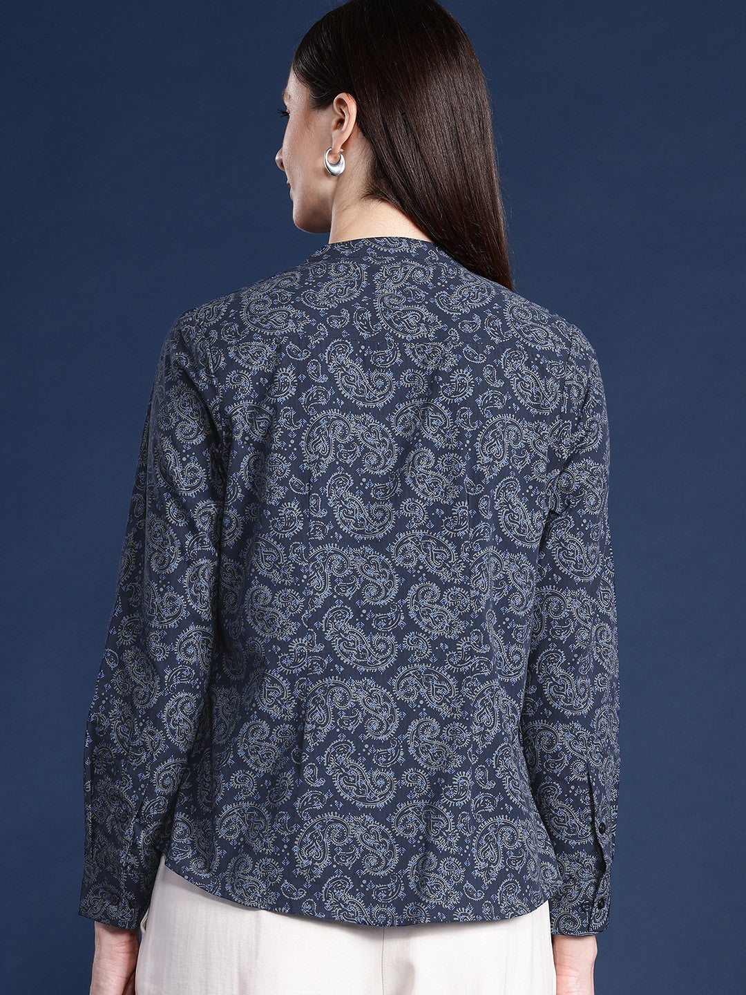 Women Navy Printed Pure Cotton Regular Fit Formal Top