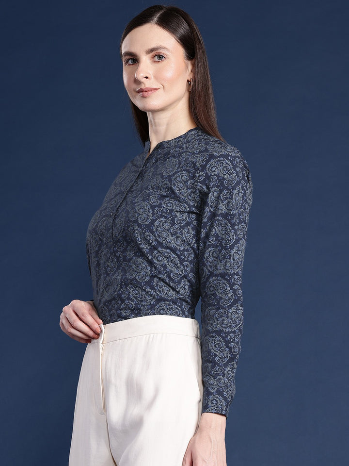 Women Navy Printed Pure Cotton Regular Fit Formal Top