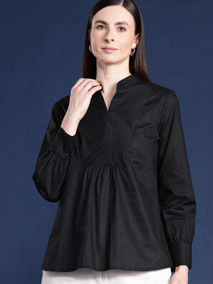 Women Black Solid Pure Cotton Regular Fit Casual Top