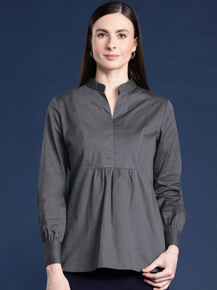 Women Dark Grey Solid Pure Cotton Regular Fit Casual Top