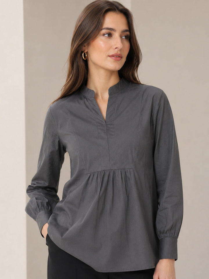 Women Dark Grey Solid Pure Cotton Regular Fit Casual Top