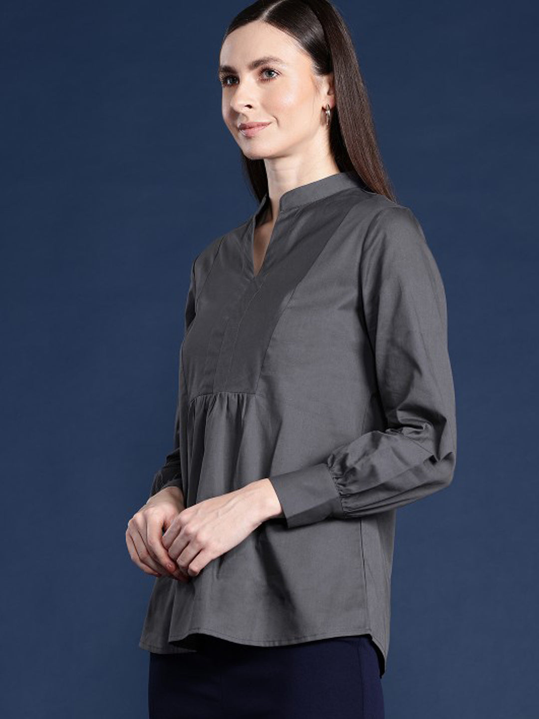 Women Dark Grey Solid Pure Cotton Regular Fit Casual Top