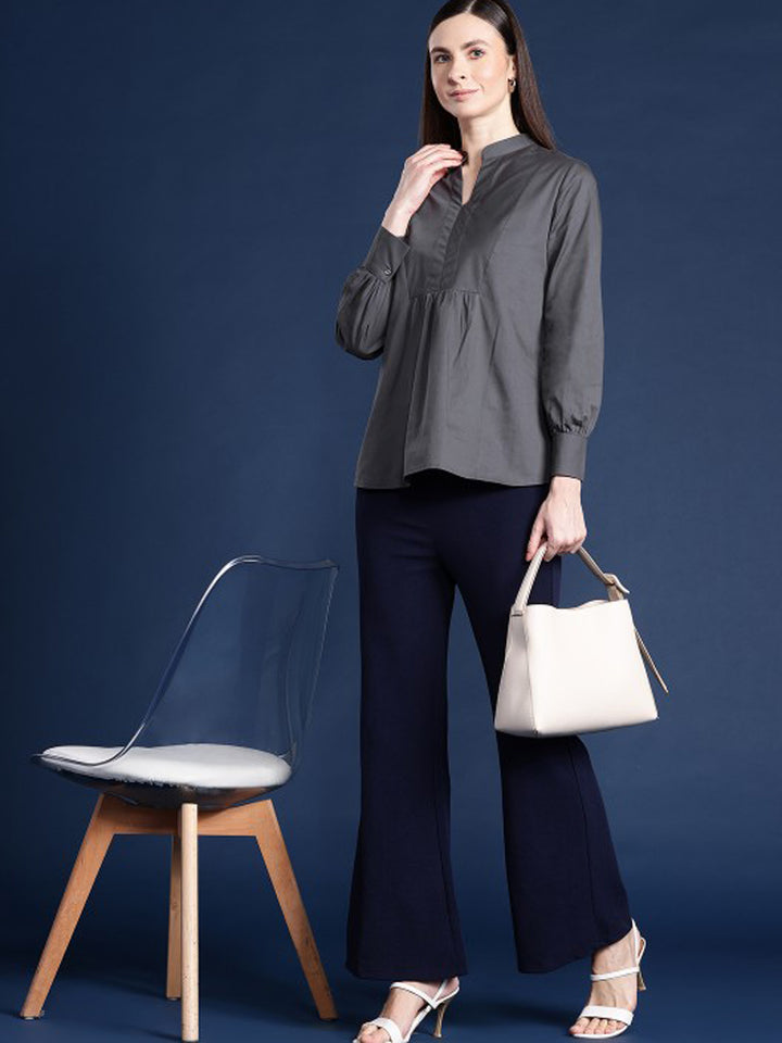 Women Dark Grey Solid Pure Cotton Regular Fit Casual Top