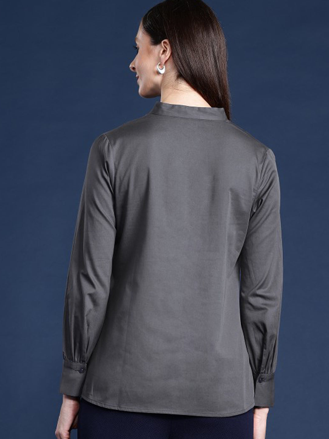 Women Dark Grey Solid Pure Cotton Regular Fit Casual Top